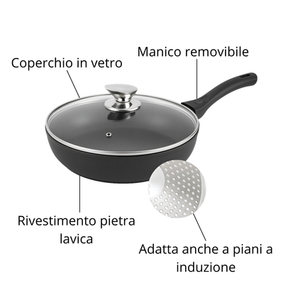 Set di Pentole 22 Pezzi Antiaderenti con Bistecchiera Batteria di Pentole e Padelle con Coperchi in Vetro, Manici Removibili, Mestoli e Accessori in Silicone Per Tutti i Piani di Cottura, Induzione