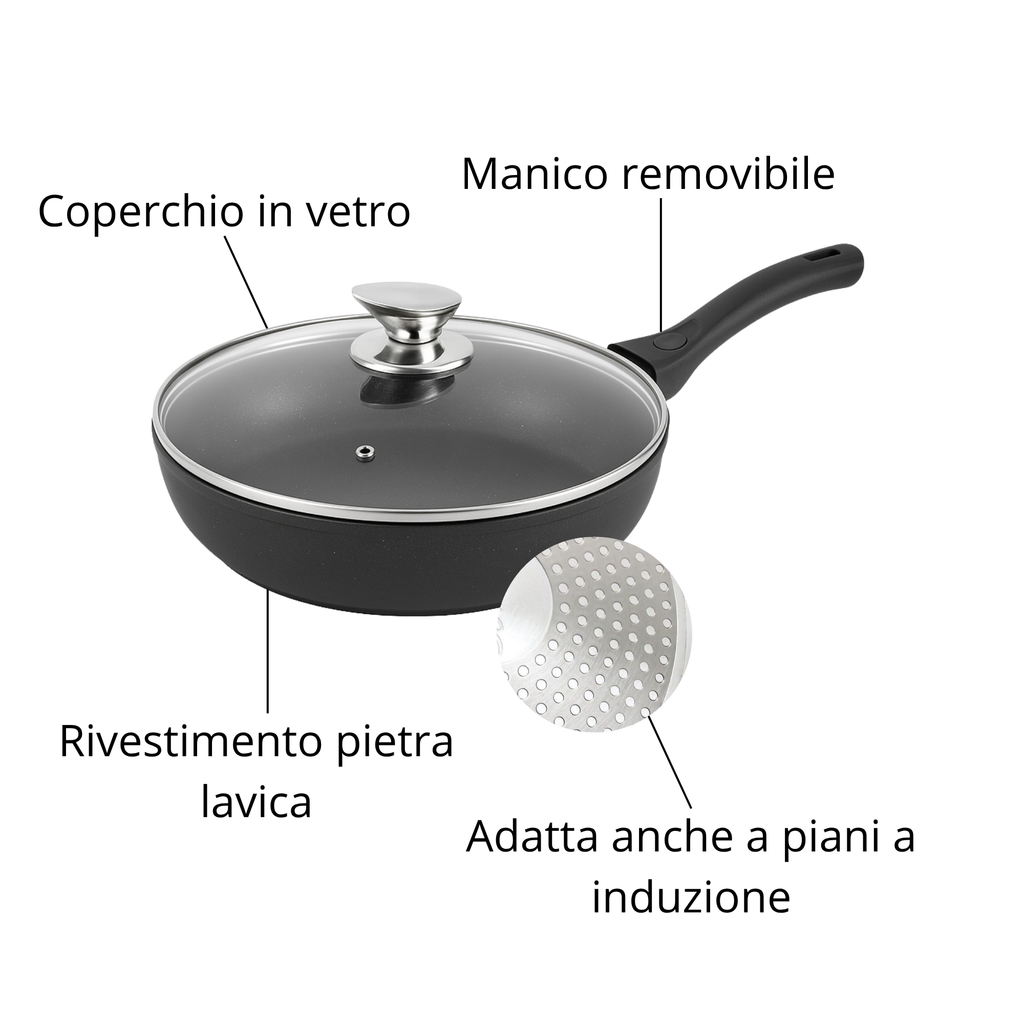 Set di Pentole 22 Pezzi Antiaderenti con Bistecchiera Batteria di Pentole e Padelle con Coperchi in Vetro, Manici Removibili, Mestoli e Accessori in Silicone Per Tutti i Piani di Cottura, Induzione