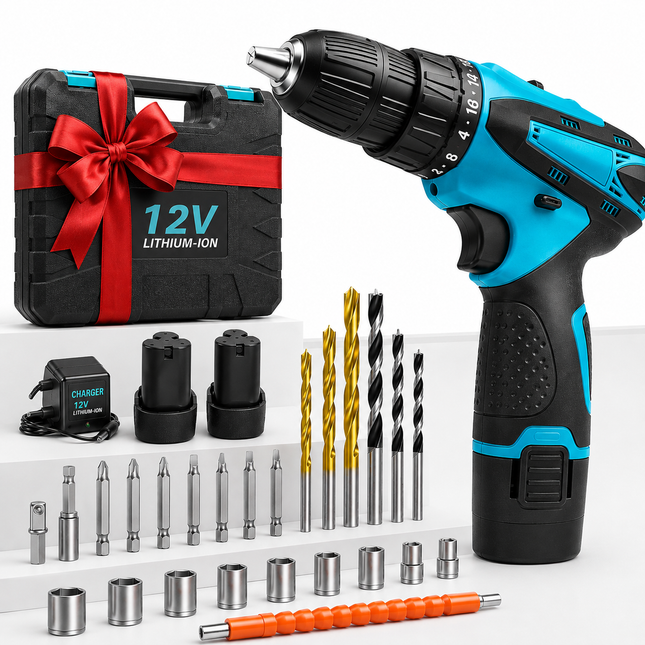 Avvitatore Trapano a Batteria 12V Ricaricabile con 2 Batterie, Mandrino Autoserrante 10 mm, Set Accessori e Valigetta – Ideale per Fai da Te e Casa