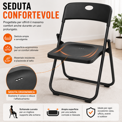 Set da 6 Sedie Pieghevoli con Struttura in Acciaio e PVC, Seduta Salvaspazio Richiudibile con Piedini e Maniglia, da Viaggio, Cucina, Soggiorno, Camera da Letto, 74x43x49 cm