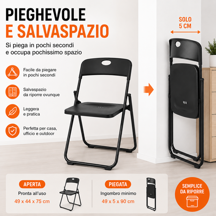Set da 6 Sedie Pieghevoli con Struttura in Acciaio e PVC, Seduta Salvaspazio Richiudibile con Piedini e Maniglia, da Viaggio, Cucina, Soggiorno, Camera da Letto, 74x43x49 cm