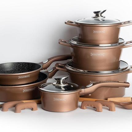 Set Pentole 17 Pezzi Antiaderenti con Coperchi in Vetro e Padelle – Batteria Cucina Induzione, Rivestimento Effetto Pietra, Manici Rimovibili, Adatta a Tutti i Piani Cottura