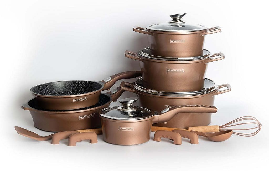 Set Pentole 17 Pezzi Antiaderenti con Coperchi in Vetro e Padelle – Batteria Cucina Induzione, Rivestimento Effetto Pietra, Manici Rimovibili, Adatta a Tutti i Piani Cottura