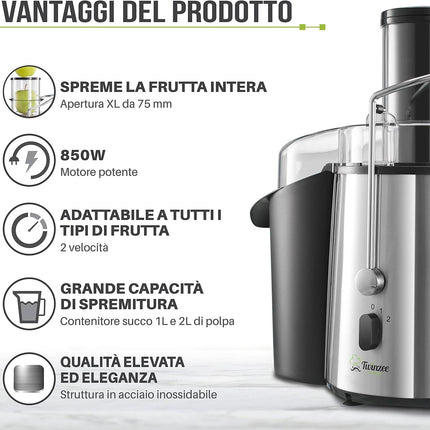 Centrifuga Frutta e Verdura Professionale - Centrifugatore Estrattore, Grande Potenza e 2 velocità - Centrifughe Estratti e Succhi Rigeneranti Apertura Larga 75mm, Base Anti-Scivolo