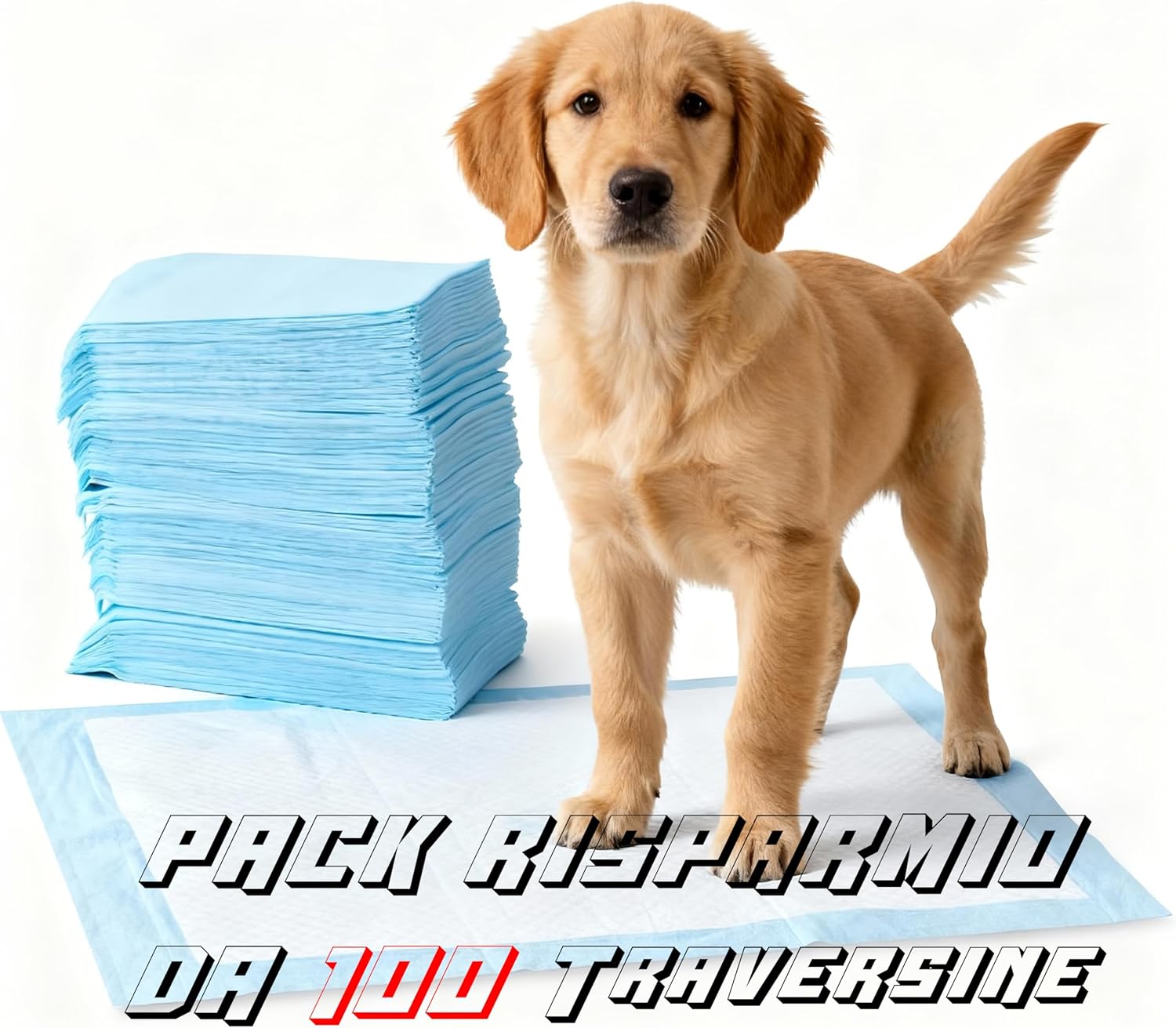 Traversine Cani 60x60 cm - 100 Pezzi - 5 Strati Super Assorbenti Senza Perdite - Tecnologia Gel, Asciugatura Rapida, Inodore - Per Cuccioli e Cani Anziani, Utilizzabili in Casa o Auto