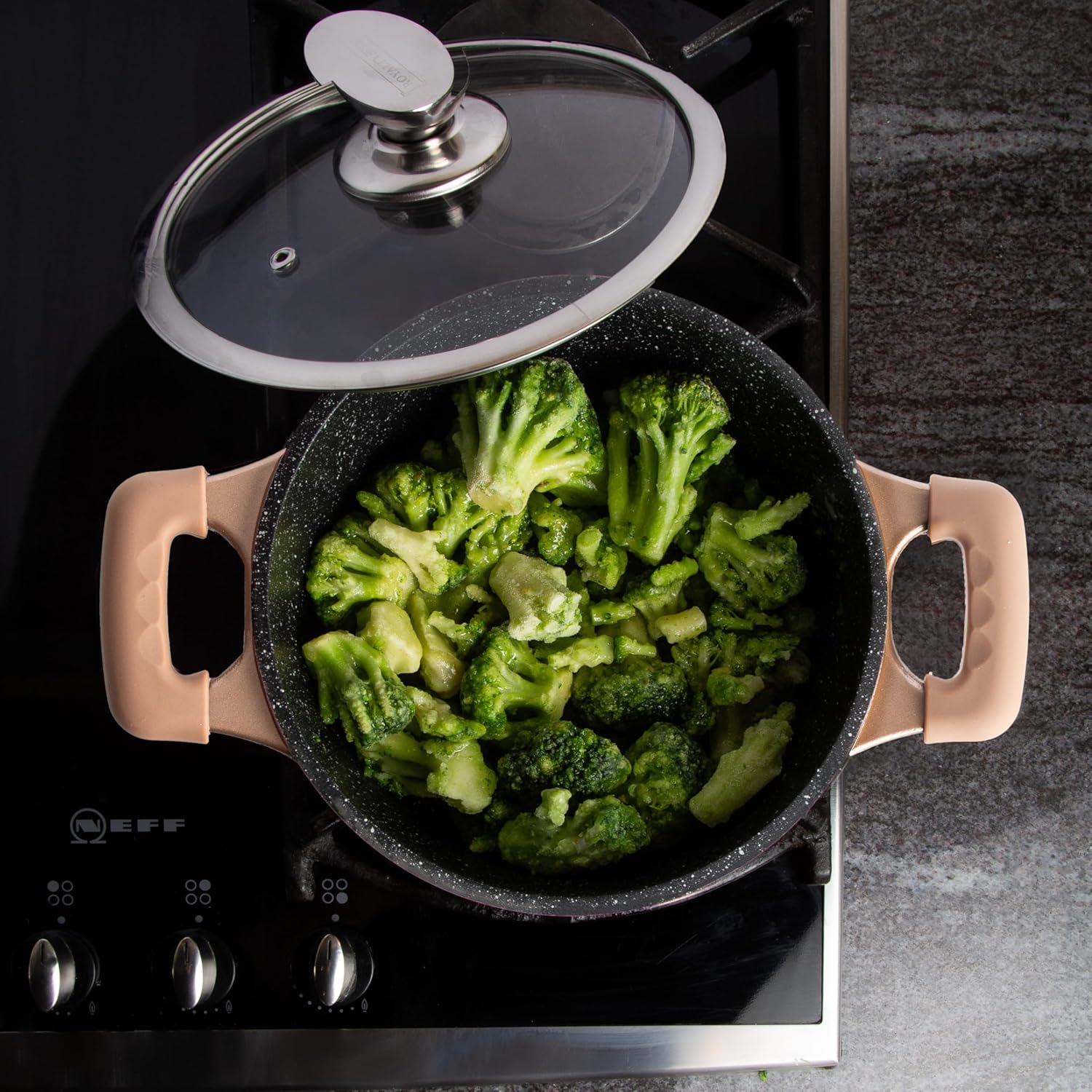 Set Pentole 17 Pezzi Antiaderenti con Coperchi in Vetro e Padelle – Batteria Cucina Induzione, Rivestimento Effetto Pietra, Manici Rimovibili, Adatta a Tutti i Piani Cottura