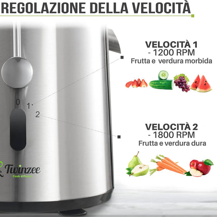 Centrifuga Frutta e Verdura Professionale - Centrifugatore Estrattore, Grande Potenza e 2 velocità - Centrifughe Estratti e Succhi Rigeneranti Apertura Larga 75mm, Base Anti-Scivolo