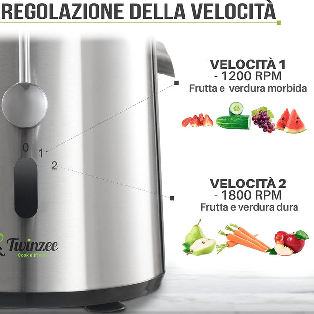 Centrifuga Frutta e Verdura Professionale - Centrifugatore Estrattore, Grande Potenza e 2 velocità - Centrifughe Estratti e Succhi Rigeneranti Apertura Larga 75mm, Base Anti-Scivolo