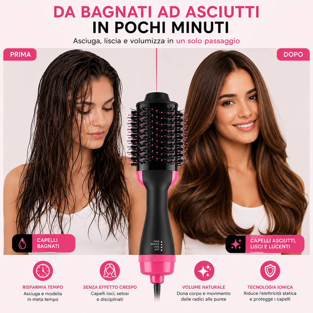 Spazzola Asciugacapelli 3 in 1, Asciuga, Liscia e Volumizza i capelli