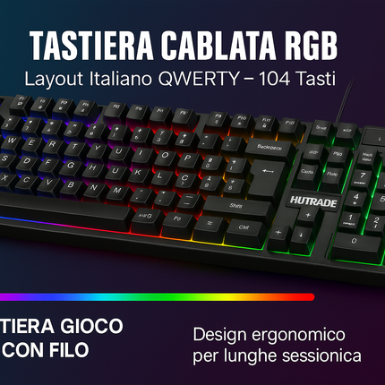 Tastiera Gaming RGB + Mouse LED – Kit Cablato USB, 104 Tasti QWERTY Italiano, Retroilluminazione Multicolore Dinamica, Mouse Ergonomico per PC Windows