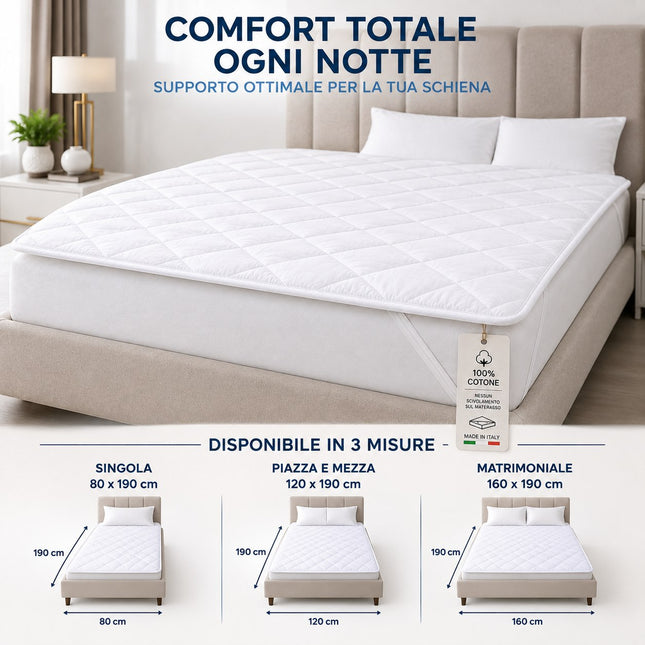 Topper matrimoniale bianco con elastici coprimaterasso comfort e traspirabile anti acaro imbottitura in fibra innovativa