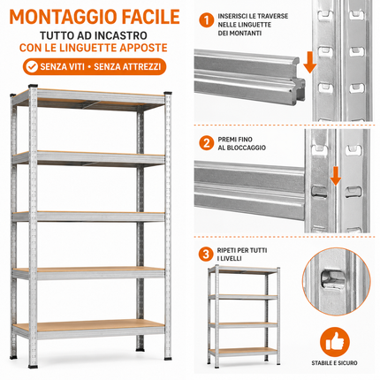 Scaffali in Metallo, Scaffalature a 5 Ripiani Regolabili, Senza Viti, Scaffale Salvaspazio per Garage, Magazzino Portata Fino a 875 kg Con 5 Ripiani Regolabili Ideale Per Garage Officina 90X40X180H cm