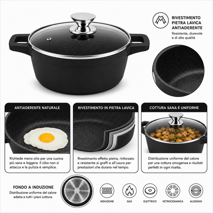 Set Casseruole 11 Pezzi in Alluminio Pressofuso con Rivestimento Effetto Pietra Lavica Antiaderente – 3 Pentole con Coperchi in Vetro (20/24/28 cm) + 5 Utensili da Cucina – Adatte a Induzione