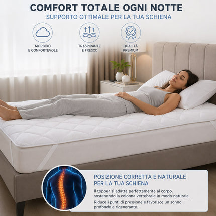Topper matrimoniale bianco con elastici coprimaterasso comfort e traspirabile anti acaro imbottitura in fibra innovativa