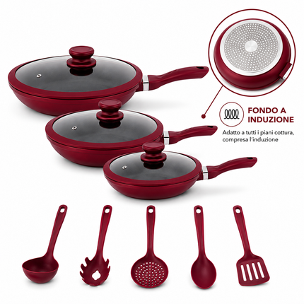 Set Padelle 11 Pezzi con Rivestimento Pietra Lavica Antiaderente – 3 Padelle con Coperchio in Vetro e Guarnizione in Silicone (20/24/28 cm) + 5 Utensili Cucina – Fondo Induzione, Senza PFOA