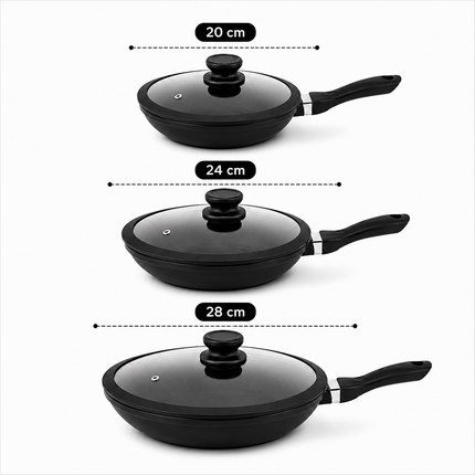 Set Padelle 11 Pezzi con Rivestimento Pietra Lavica Antiaderente – 3 Padelle con Coperchio in Vetro e Guarnizione in Silicone (20/24/28 cm) + 5 Utensili Cucina – Fondo Induzione, Senza PFOA