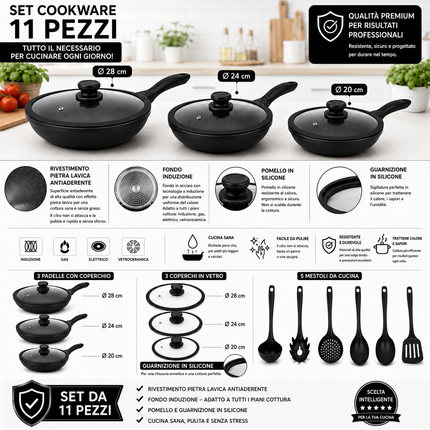Set Padelle 11 Pezzi con Rivestimento Pietra Lavica Antiaderente – 3 Padelle con Coperchio in Vetro e Guarnizione in Silicone (20/24/28 cm) + 5 Utensili Cucina – Fondo Induzione, Senza PFOA