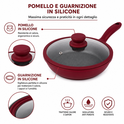 Set Padelle 11 Pezzi con Rivestimento Pietra Lavica Antiaderente – 3 Padelle con Coperchio in Vetro e Guarnizione in Silicone (20/24/28 cm) + 5 Utensili Cucina – Fondo Induzione, Senza PFOA