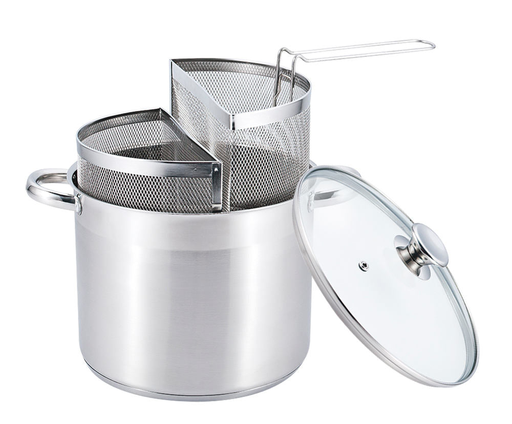 Spaghettiere Doppio Cestello, Made in Italy, Acciaio inox 18/10. Triplo fondo. Induzione+Gas. PFAS free. Cuoce 2 tipi di pasta contemporaneamente