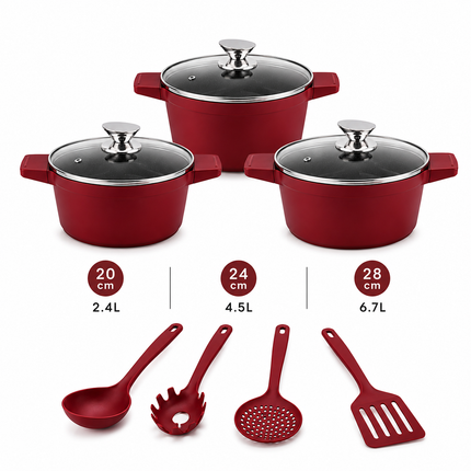 Set Casseruole 11 Pezzi in Alluminio Pressofuso con Rivestimento Effetto Pietra Lavica Antiaderente – 3 Pentole con Coperchi in Vetro (20/24/28 cm) + 5 Utensili da Cucina – Adatte a Induzione