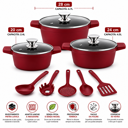 Set Casseruole 11 Pezzi in Alluminio Pressofuso con Rivestimento Effetto Pietra Lavica Antiaderente – 3 Pentole con Coperchi in Vetro (20/24/28 cm) + 5 Utensili da Cucina – Adatte a Induzione