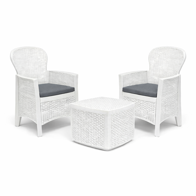 Set da Giardino 3 Pezzi in Polyrattan con 2 Sedie e Tavolino – Salottino da Esterno con Cuscini Sfoderabili – Sedie 59x57x85 cm – Tavolo 59x46x40 cm – Mobili da Terrazzo, Balcone, Patio