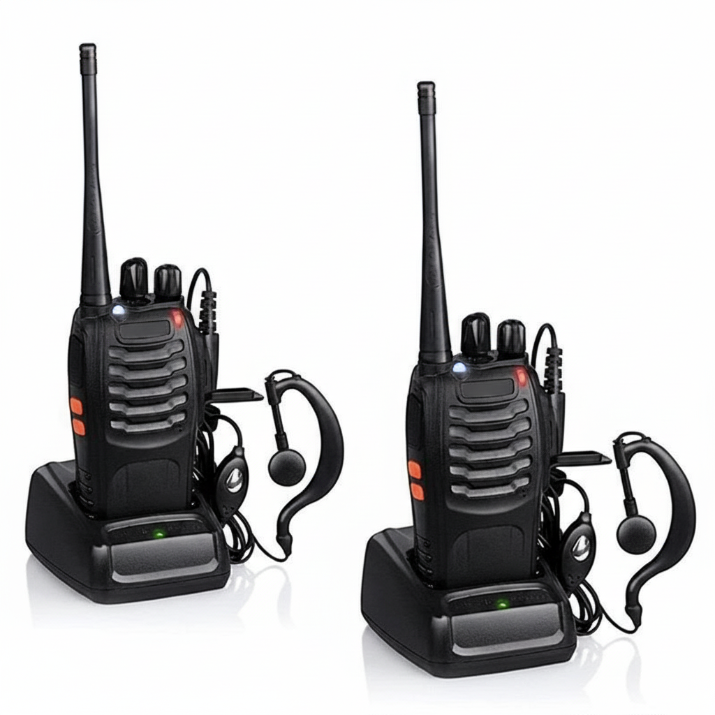 Walkie Talkie Professionali Ricaricabili Set Ricetrasmittenti, Basi di Ricarica, Auricolari, Batteria Li-Ion, Lunga Distanza, Clip da Cintura, Ideali per Escursionismo, Lavoro