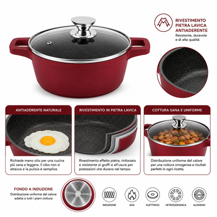 Set Casseruole 11 Pezzi in Alluminio Pressofuso con Rivestimento Effetto Pietra Lavica Antiaderente – 3 Pentole con Coperchi in Vetro (20/24/28 cm) + 5 Utensili da Cucina – Adatte a Induzione