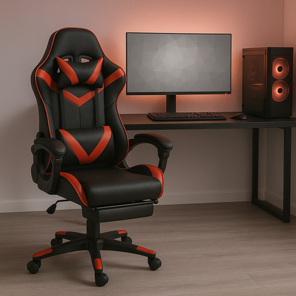 Sedia Gaming Ergonomica con Poggiapiedi Estraibile, Cuscino Lombare e Poggiatesta – Poltrona da Ufficio e Gaming in Ecopelle, Schienale Reclinabile 135°, Altezza Regolabile