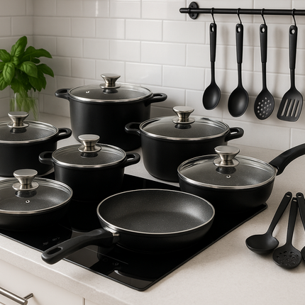 Set di Pentole 23 Pezzi Antiaderente con Coperchi in Vetro – Batteria di Pentole e Padelle con Manici Removibili, Mestoli e Accessori in Silicone – Adatte a Tutti i Piani di Cottura, Induzione Inclusa