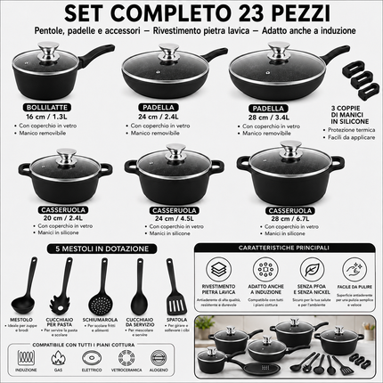 Set di Pentole 23 Pezzi Antiaderente con Coperchi in Vetro – Batteria di Pentole e Padelle con Manici Removibili, Mestoli e Accessori in Silicone – Adatte a Tutti i Piani di Cottura, Induzione Inclusa