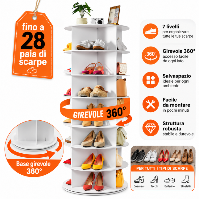Scarpiera Girevole 360° Salvaspazio, Portascarpe Verticale fino a 28 Paia, Struttura a Ripiani Rotanti, Organizer per Scarpe Borse e Accessori, Ideale per Camera, Ingresso e Cabina Armadio