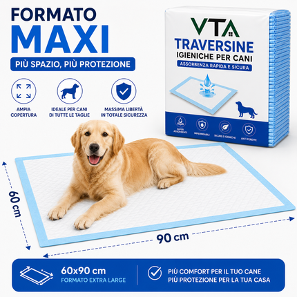 Traversine Cani 60x90 5 Strati Super Assorbenti Senza Perdite - Tecnologia Gel, Asciugatura Rapida, Inodore - Per Cuccioli e Cani Anziani, Utilizzabili in Casa o Auto