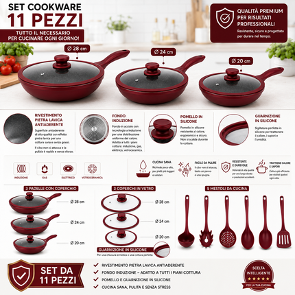 Set Padelle 11 Pezzi con Rivestimento Pietra Lavica Antiaderente – 3 Padelle con Coperchio in Vetro e Guarnizione in Silicone (20/24/28 cm) + 5 Utensili Cucina – Fondo Induzione, Senza PFOA