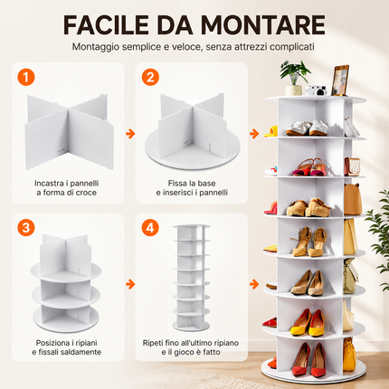 Scarpiera Girevole 360° Salvaspazio, Portascarpe Verticale fino a 28 Paia, Struttura a Ripiani Rotanti, Organizer per Scarpe Borse e Accessori, Ideale per Camera, Ingresso e Cabina Armadio
