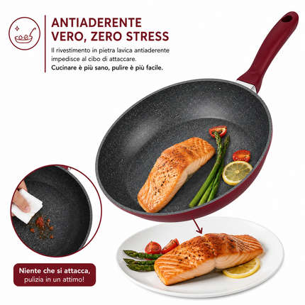 Set Padelle 11 Pezzi con Rivestimento Pietra Lavica Antiaderente – 3 Padelle con Coperchio in Vetro e Guarnizione in Silicone (20/24/28 cm) + 5 Utensili Cucina – Fondo Induzione, Senza PFOA