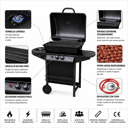 Barbecue BBQ a Gas Completo per Giardino  2 Bruciatori + Fornello Laterale, Compatto con Ruote e Ripiani – Perfetto per Grigliate