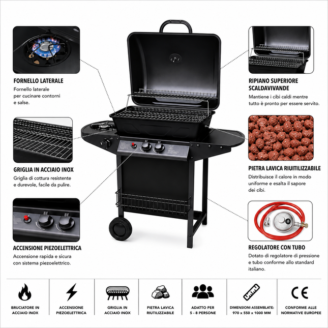Barbecue BBQ a Gas Completo per Giardino  2 Bruciatori + Fornello Laterale, Compatto con Ruote e Ripiani – Perfetto per Grigliate