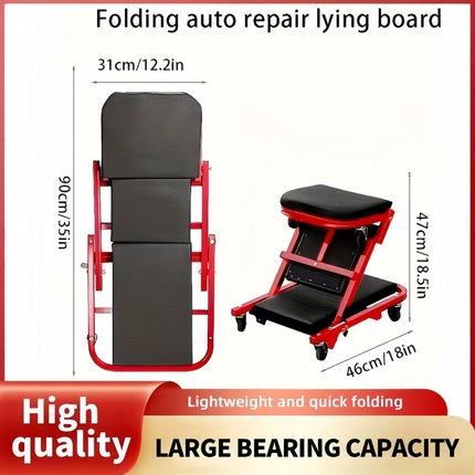Carrello Meccanico 2 in 1 Pieghevole con Ruote – Lettino Sottoscocca e Sedile Officina, Struttura in Acciaio, Altezza Regolabile, Portata Elevata, Ideale per Auto, Garage e Riparazioni