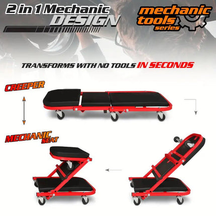 Carrello Meccanico 2 in 1 Pieghevole con Ruote – Lettino Sottoscocca e Sedile Officina, Struttura in Acciaio, Altezza Regolabile, Portata Elevata, Ideale per Auto, Garage e Riparazioni