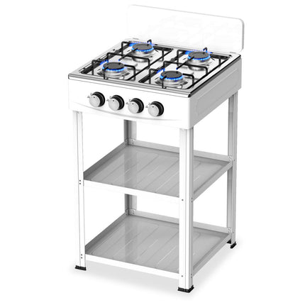 Fornello a Gas 4 Fuochi con Supporto e Ripiani – Cucina a Gas Freestanding in Acciaio, Piano Cottura con 4 Bruciatori, Design Salvaspazio per Interni ed Esterni