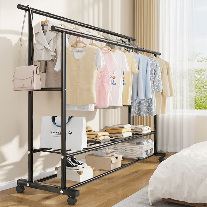 Appendiabiti con Ruote 42x76x150 cm – Stand Porta Abiti con Doppia Barra, Ripiani Inferiori e Struttura in Metallo per Camera, Ingresso e Cabina Armadio