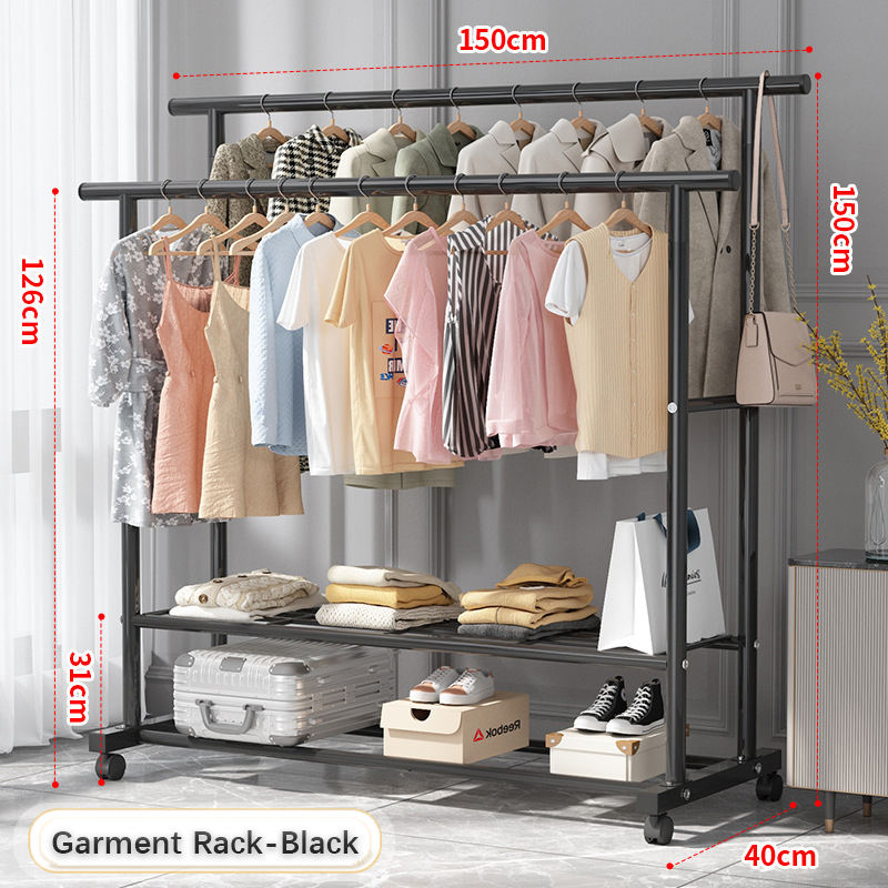 Appendiabiti con Ruote 42x76x150 cm – Stand Porta Abiti con Doppia Barra, Ripiani Inferiori e Struttura in Metallo per Camera, Ingresso e Cabina Armadio