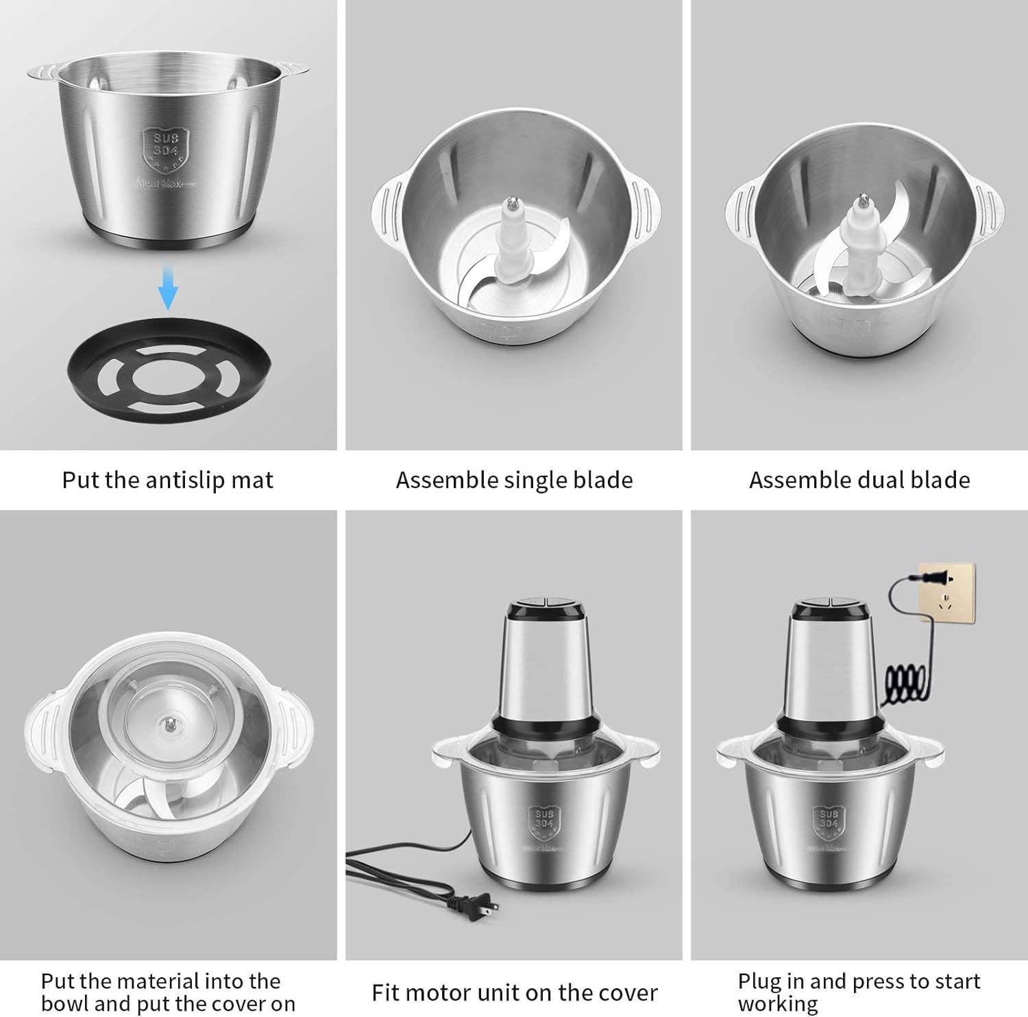 Tritatutto Cucina Elettrico da 3 Litri con Motore Potente e Ciotola in Acciaio SUS 304 per Carne Verdure e Ortaggi