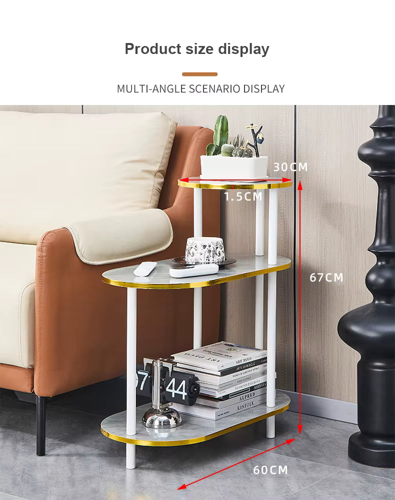 Tavolino da Caffè Moderno a 3 Ripiani con Ruote – Design Effetto Marmo con Struttura in Metallo Dorato, Ideale per Salotto e Soggiorno