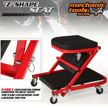 Carrello Meccanico 2 in 1 Pieghevole con Ruote – Lettino Sottoscocca e Sedile Officina, Struttura in Acciaio, Altezza Regolabile, Portata Elevata, Ideale per Auto, Garage e Riparazioni