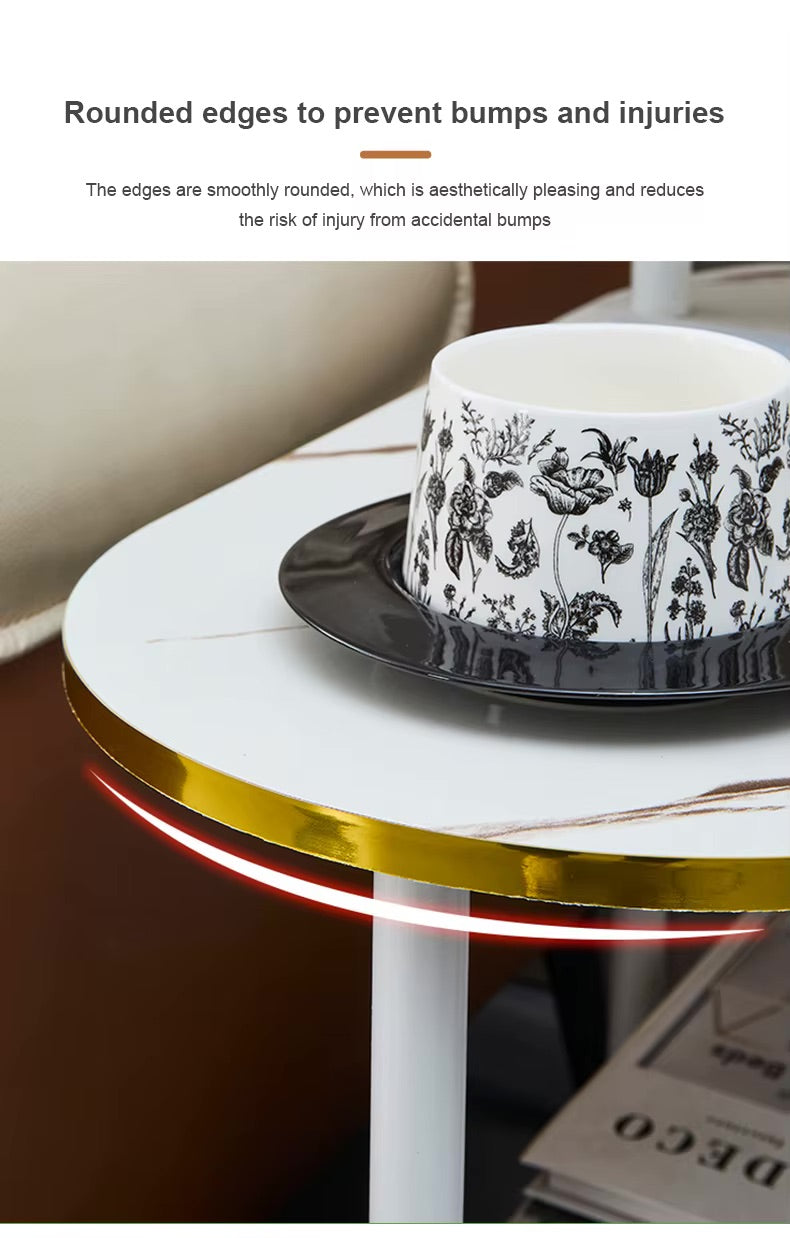 Tavolino da Caffè Moderno a 3 Ripiani con Ruote – Design Effetto Marmo con Struttura in Metallo Dorato, Ideale per Salotto e Soggiorno