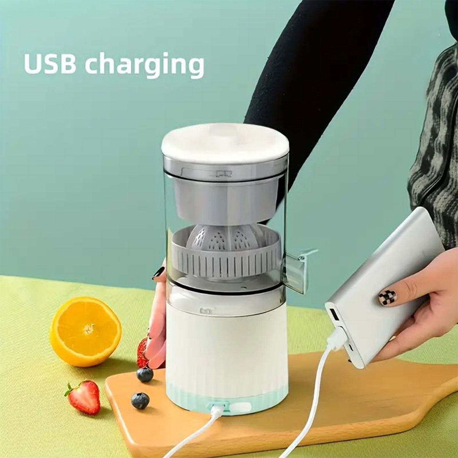 Spremiagrumi Elettrico Wireless Ricaricabile USB – Estrattore di Succo Portatile con Rubinetto Dosatore, Senza Fili, Facile da Pulire, Ideale per Arance, Limoni e Agrumi