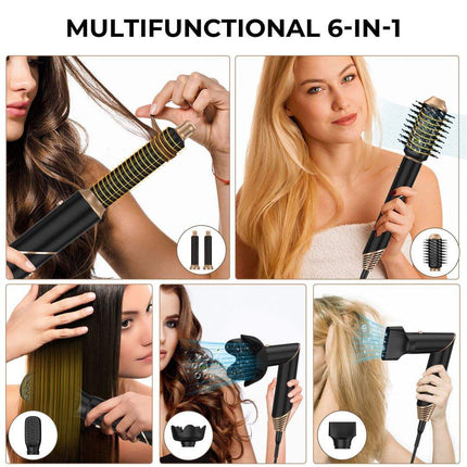 Asciugacapelli 6 in 1 Professionale con Spazzole Intercambiabili – Styler Multifunzione per Lisciare, Arricciare e Volumizzare, Regolazione Temperatura e Velocità