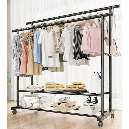 Appendiabiti con Ruote 42x76x150 cm – Stand Porta Abiti con Doppia Barra, Ripiani Inferiori e Struttura in Metallo per Camera, Ingresso e Cabina Armadio